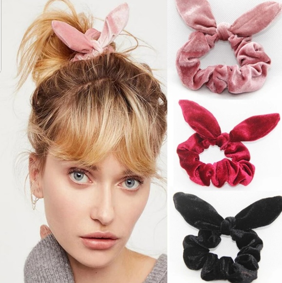 velvet scrunchies with bunny ears bow Accessories - Set of 3 Velvet Scrunchies w/ Removable Bow Ears